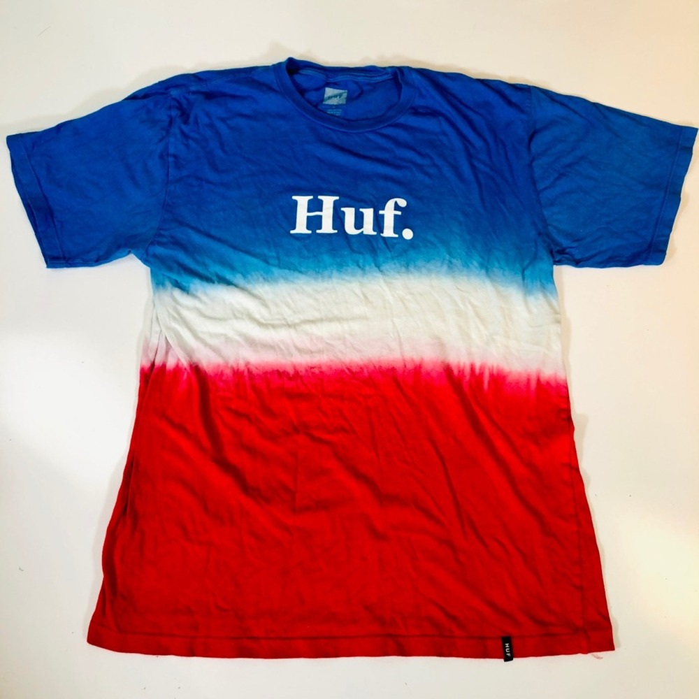 Huf Mens Graphic T-Shirt Red‎ White Blue Tie Dye Crew Neck 100% Cotton M